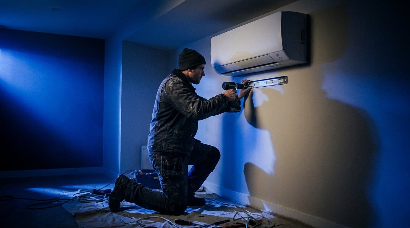 Monteur installiert eine Split-Klimaanlage an einer Wand