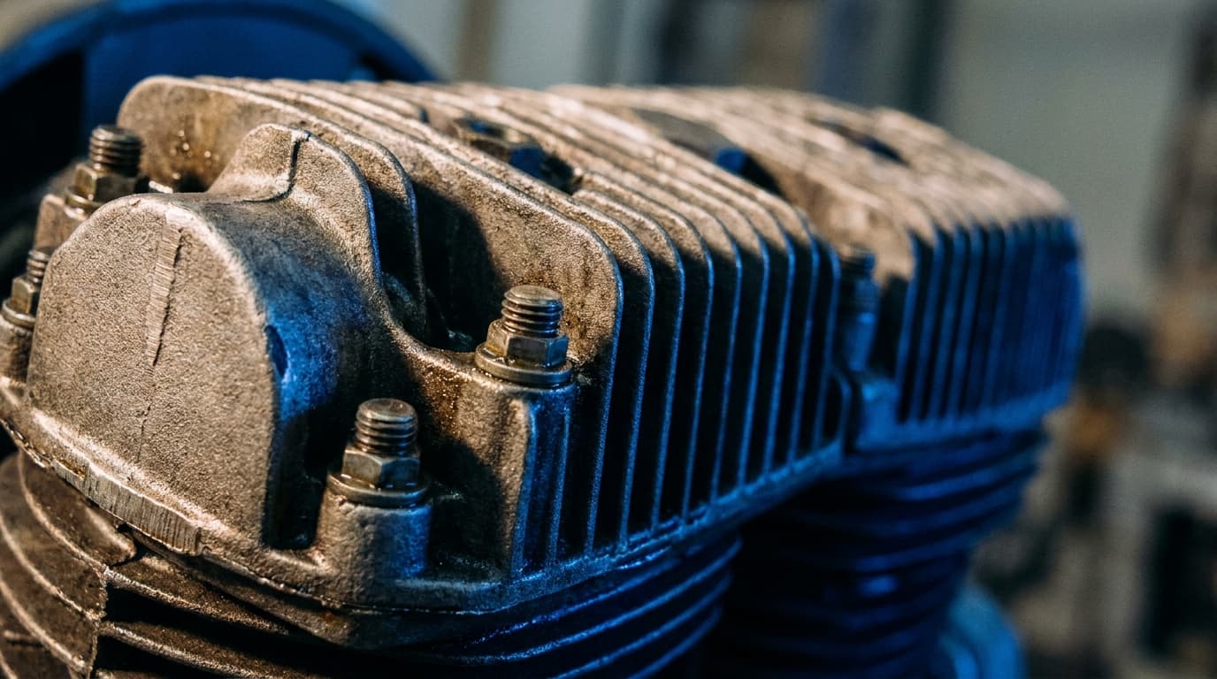 Detailaufnahme eines Verdichter-Zylinderkopfes mit Kühlrippen