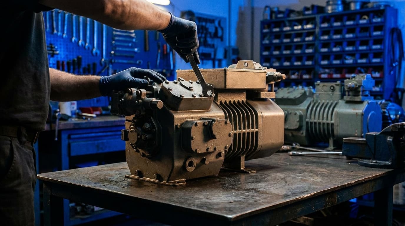 Techniker revidiert einen zerlegten Kälteverdichter auf der Werkbank